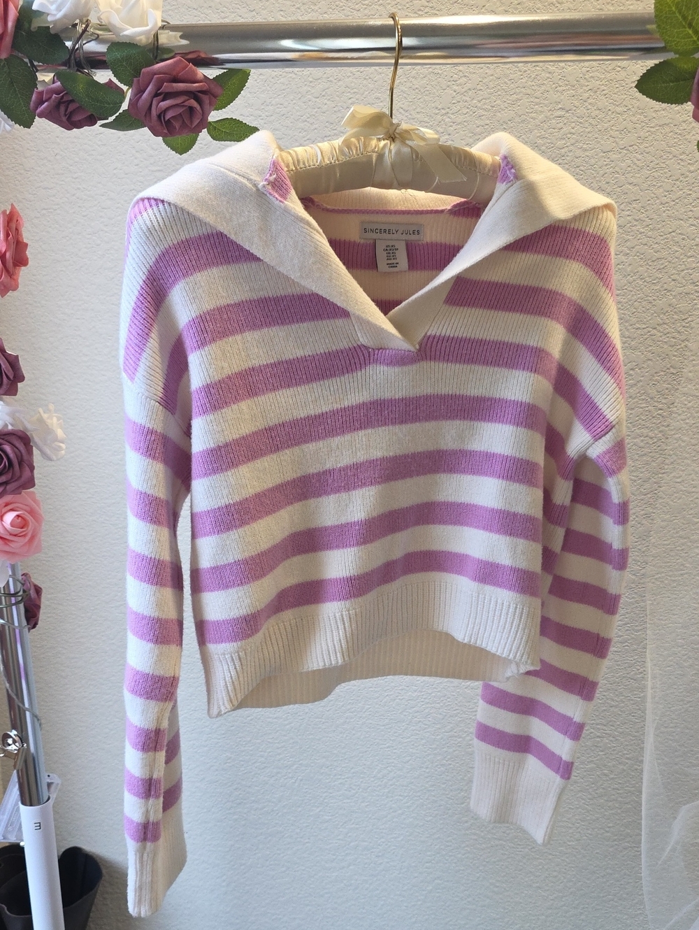 Sincerly Jules Lavender & Cream Striped V-Neck Hooded Sweater
